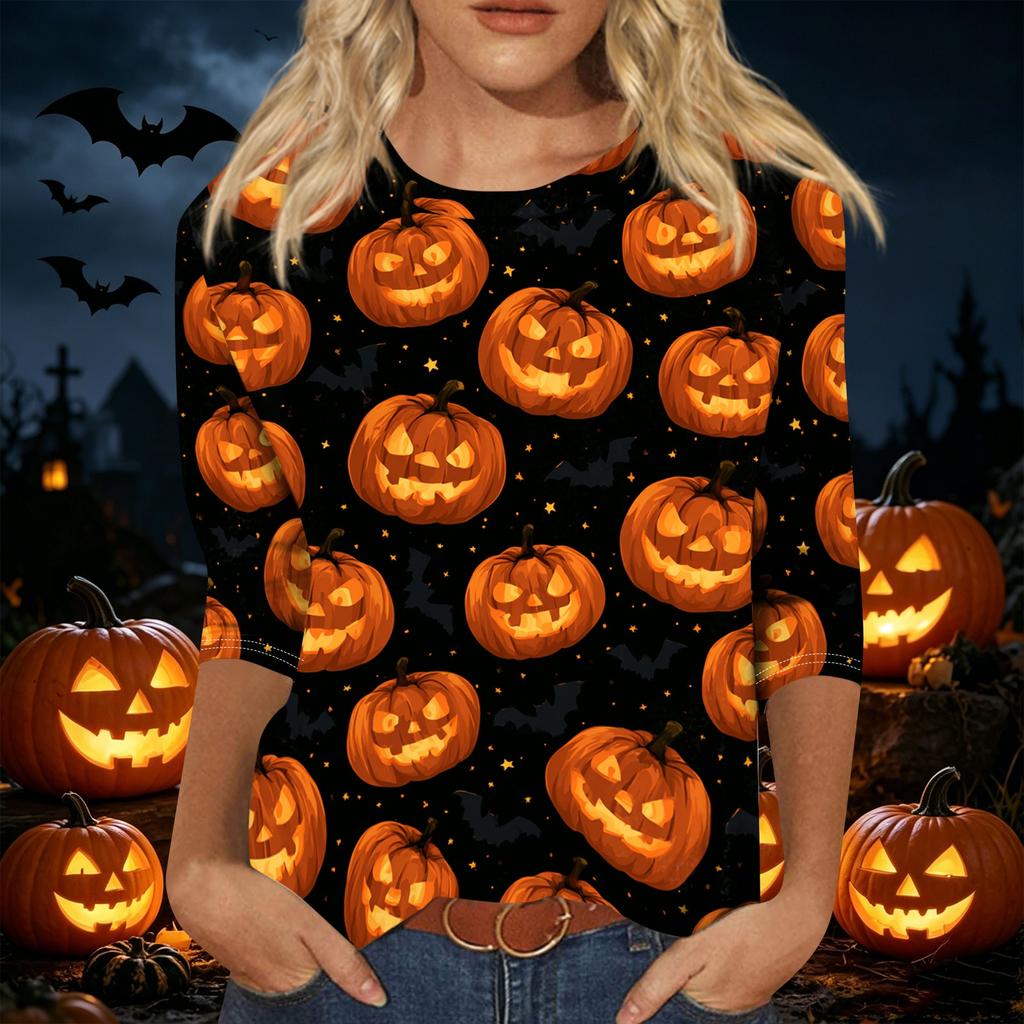 Women's Casual 3/4 Sleeve Halloween Print Pullover Top Crew Neck Lightweight Fall Shirt