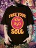 Graphic Print T-shirt - FREE YOUR SOUL Bold Typography Streetwear Tee - Black with Orange Lettering - Lightweight Summer Shirt for Concerts