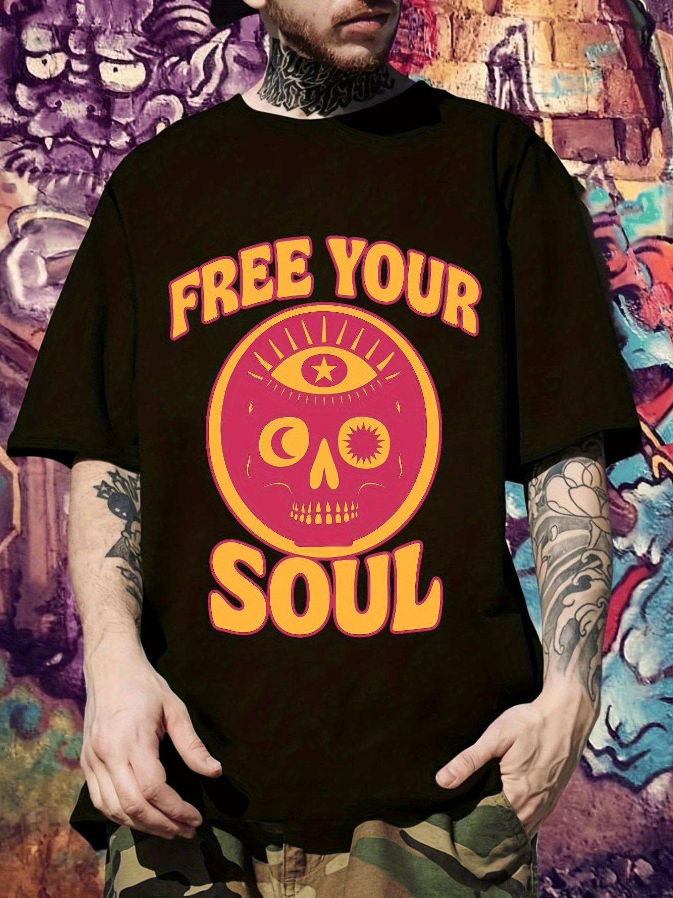 

Graphic Print T-shirt - FREE YOUR SOUL Bold Typography Streetwear Tee - Black with Orange Lettering - Lightweight Summer Shirt for Concerts S