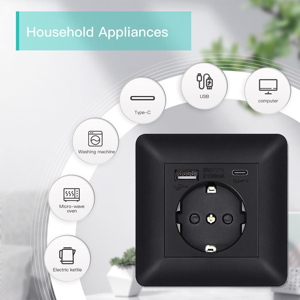 EIOMR EU Outlet with Usb Type-c Charging Port Black Curved Flame Retardant PC Panel 86mm Single Socket and 146mm Double Socket