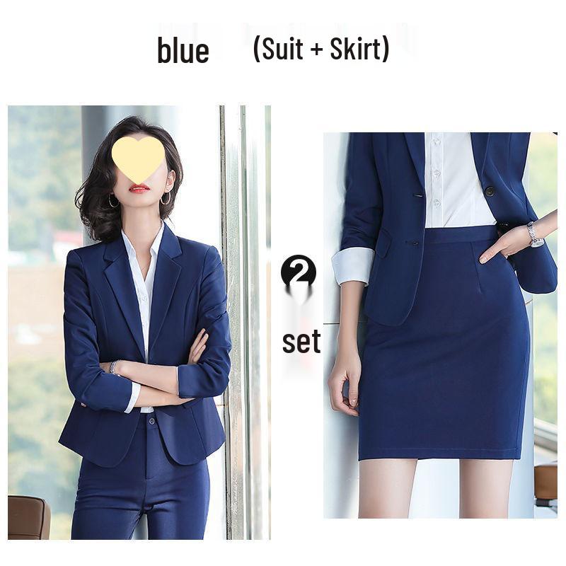 Korean Style Women's Blue Office Suit - Professional Spring/Autumn Wear