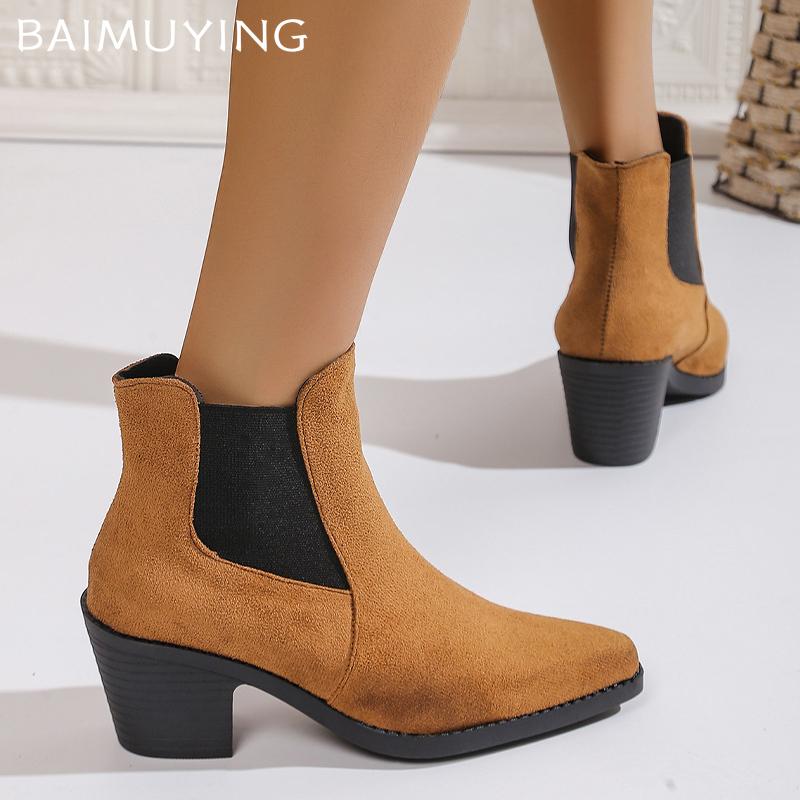 Suede Chunky Women Ankle Boots Pointed Toe Retro Mid Heels Shoes 2025 Trend Winter Classic Pumps Goth Chelsea Botas De Mujer