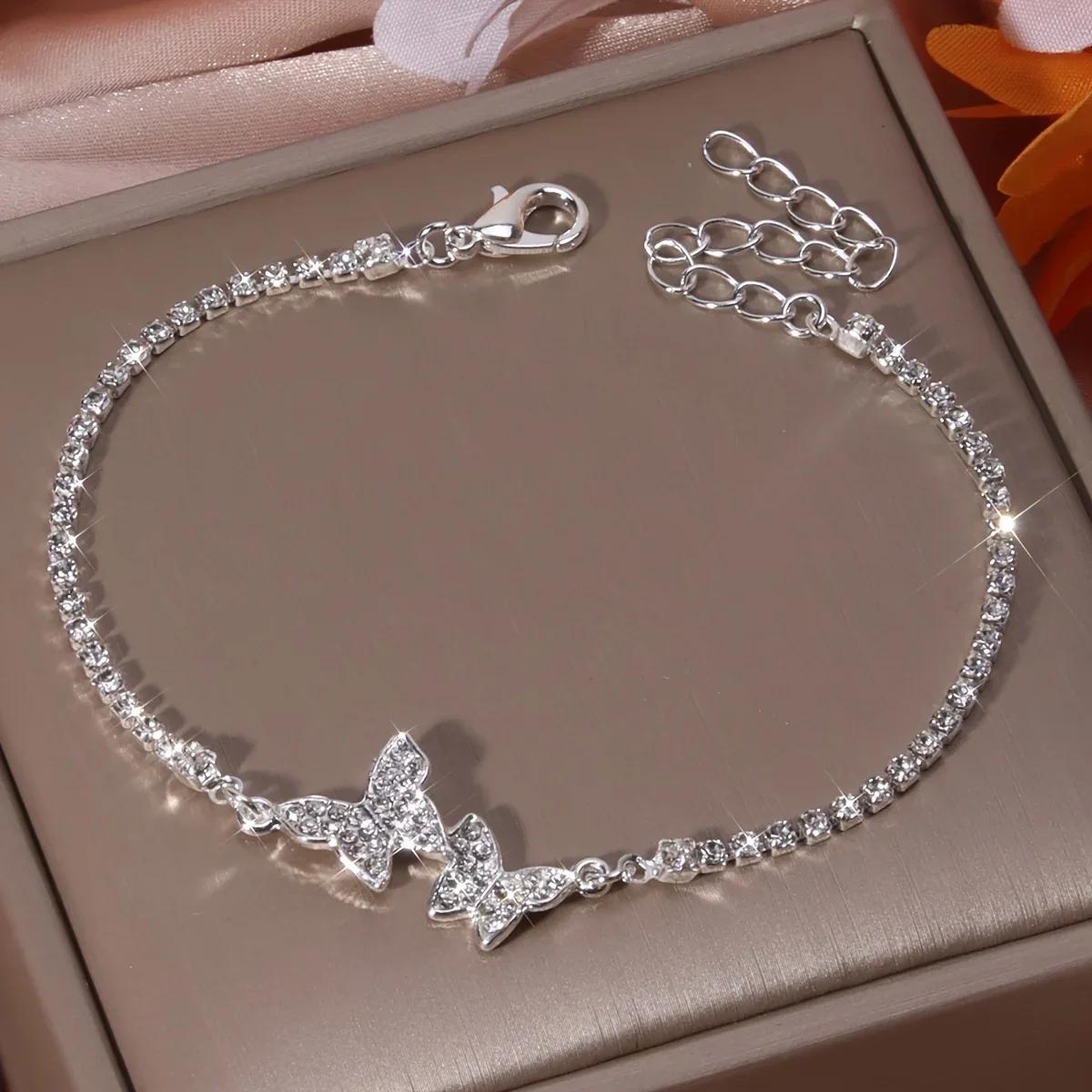 1 full diamond butterfly claw chain silver bracelet серебряный