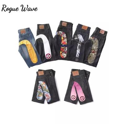 RogueWave Men Denim Shorts Black Hiphop Jeans Pants Cherry Blossom Dragon Totem Washed Zipper Shorts