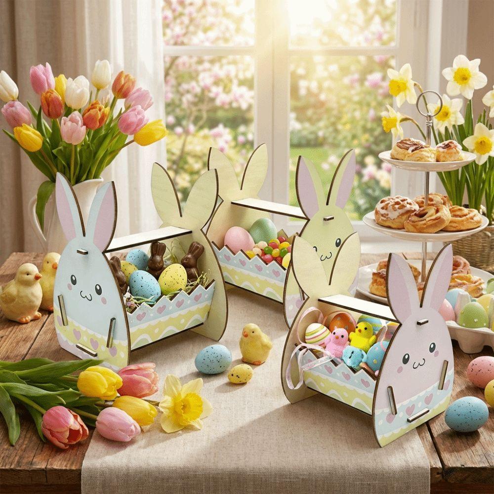 DIY Paint Easter Bunny Basket Wooden Candy Storage Basket Rabbit Storage Box  Easter Parties