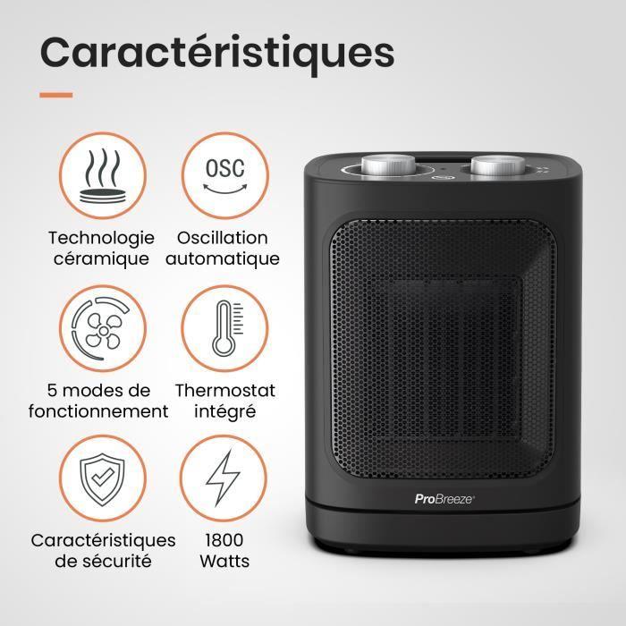 Radiateur Soufflant en céramique 1800W Pro Breeze avec oscillation automatique, 2 réglages de chaleur, mode ventilateur seul - Noir