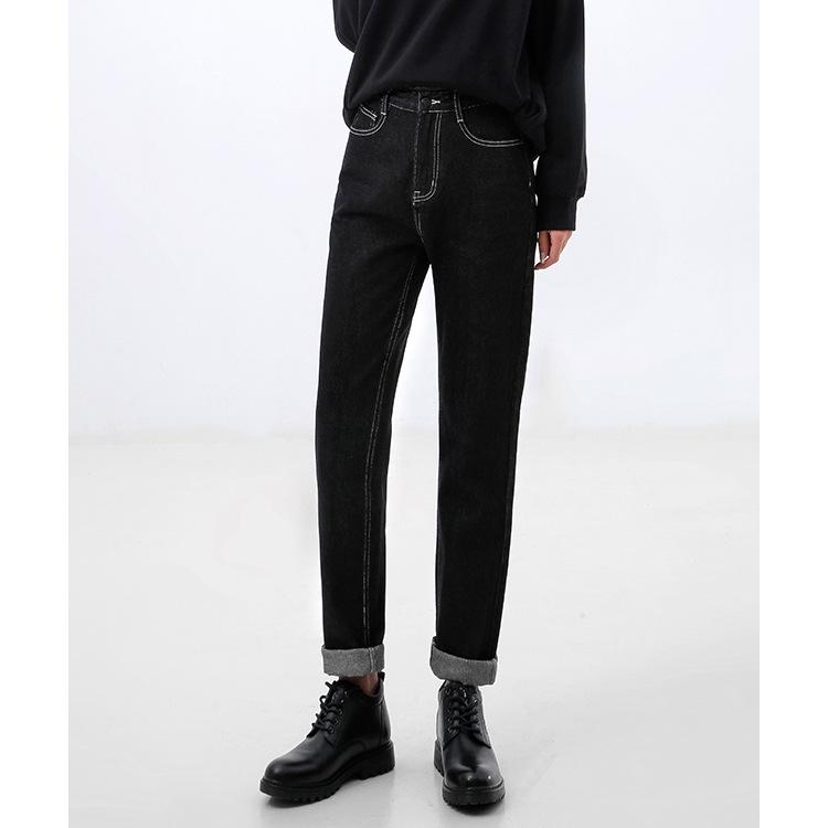 Women s High-Waisted Black Denim Jeans - Contrast Stitching, Straight Leg, Spring/Autumn 26