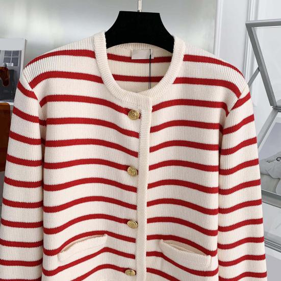 Women Cardigan Sweater Striped Print Contrast Color Single-breasted Long Sleeve Knitted Loose Warm Thick Round Neck Fall Spring Coat