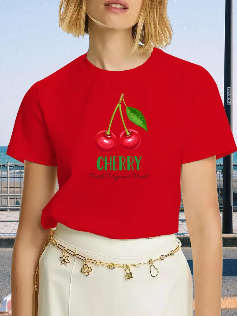 Cherry Blossom Graphic Print Crew Neck T-Shirt - Women's Casual Short Sleeve Summer & Spring Top Relaxed Fit