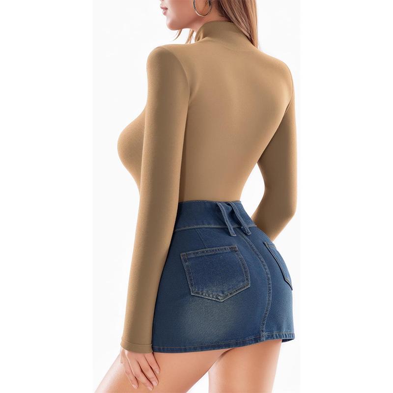 Women's High Neck Ribbed Long Sleeve Bodysuit for Autumn/Winter - Slim Fit Sports & Yoga Jumpsuit