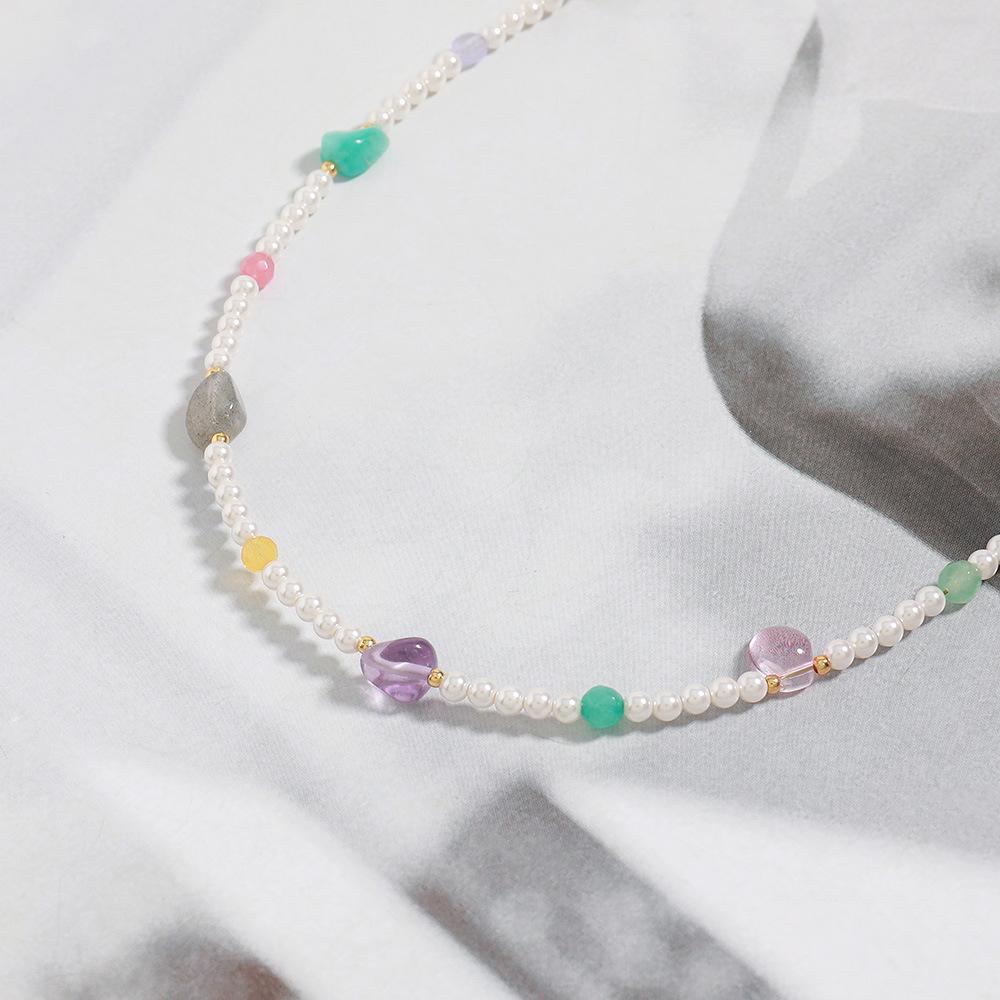 GEMCHIC Women's Original Design Colorful Glass Bead Natural Stone Beaded Necklace Sweet Girl Fashion Versatile Collarbone Chain
