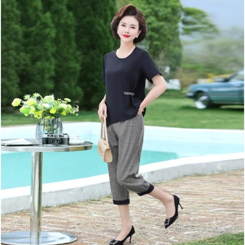 Sets Women Casual T Shirt Ankle Length Pants Summer Vintage Style Loose Pant Suits