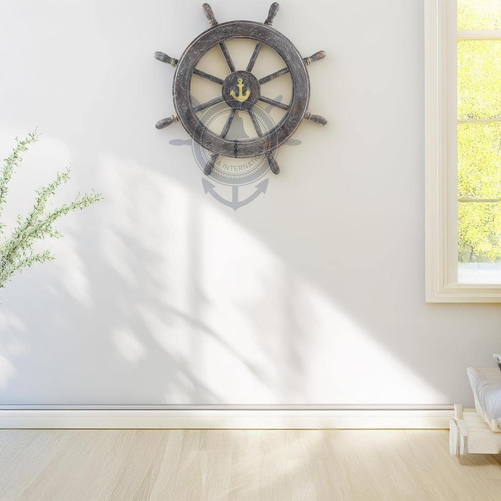 Frosty Antique Junkyard Crafted Wooden Ship Wheel | Anchor Motiff | Pirate's Home Wall Decor | Nagina International (24 Inches)