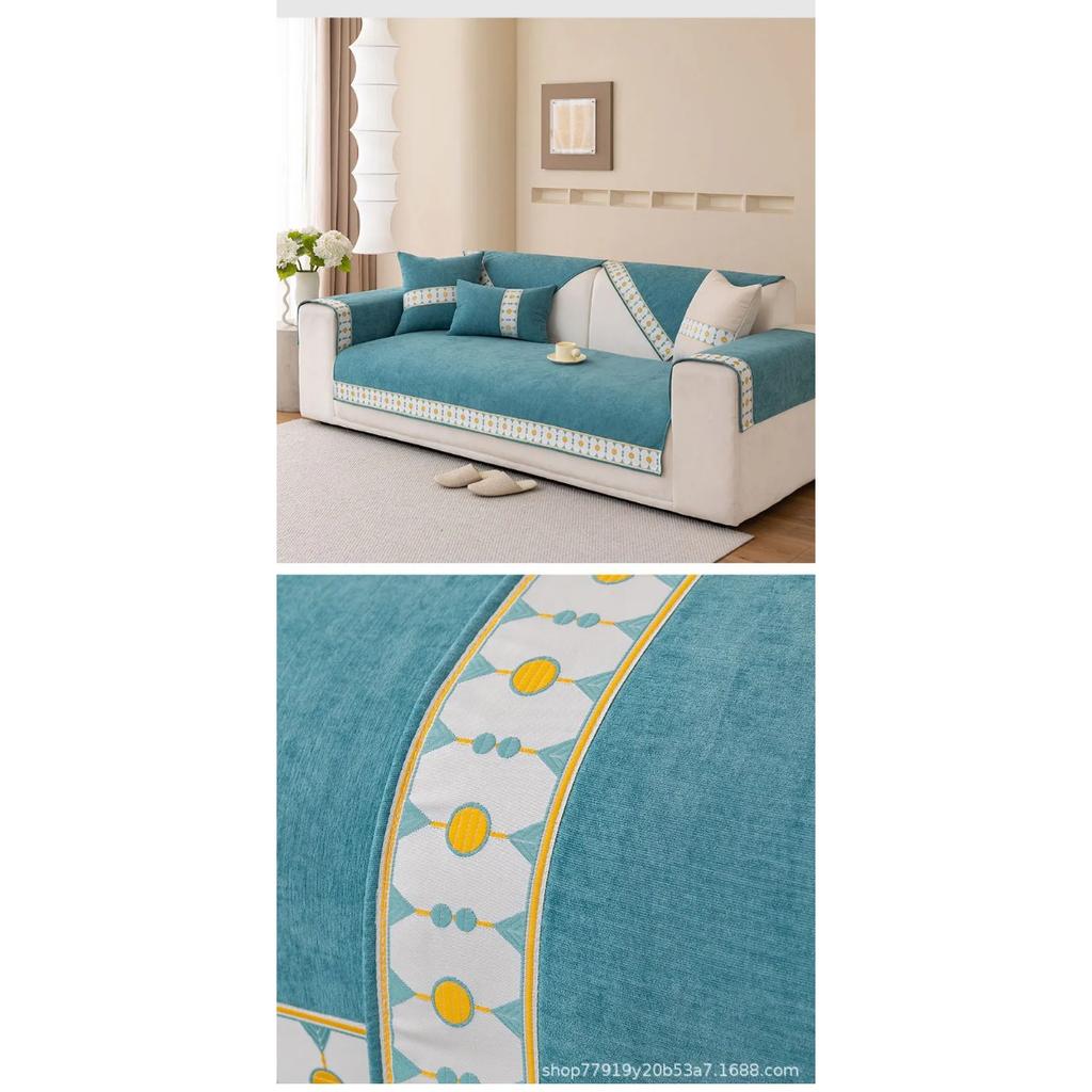 Embroidery Sofa Cover White Edge Four Season Universal Chenille Anti-slip Sofa Cushion for Living Room Mat Couch Towel Slipcover