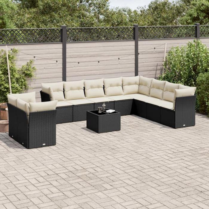 VidaXL Salon de Jardin avec Coussins 11 pcs, Canapés de Terrasse, Ensemble de Meubles de Patio, Mobilier d'Extérieur, Noir 3249705