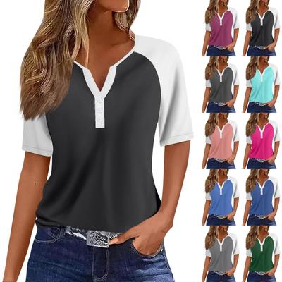 2026 Women Summer Casual T-shirts Fashion Patchwork Print Top Tees Streetwear Short Sleeve Button V-Neck Regular Tops Plus Size