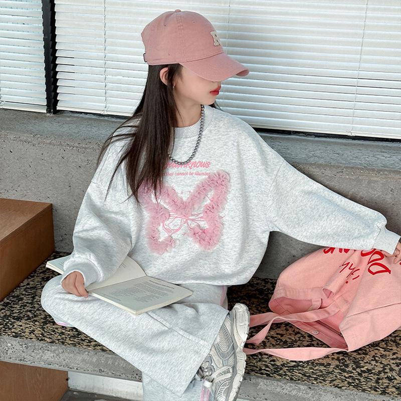 Girls' Spring/Autumn 2025 Sweatshirt & Wide-Leg Sweatpants Set - Stylish Casual Two-Piece for Medium & Large Children