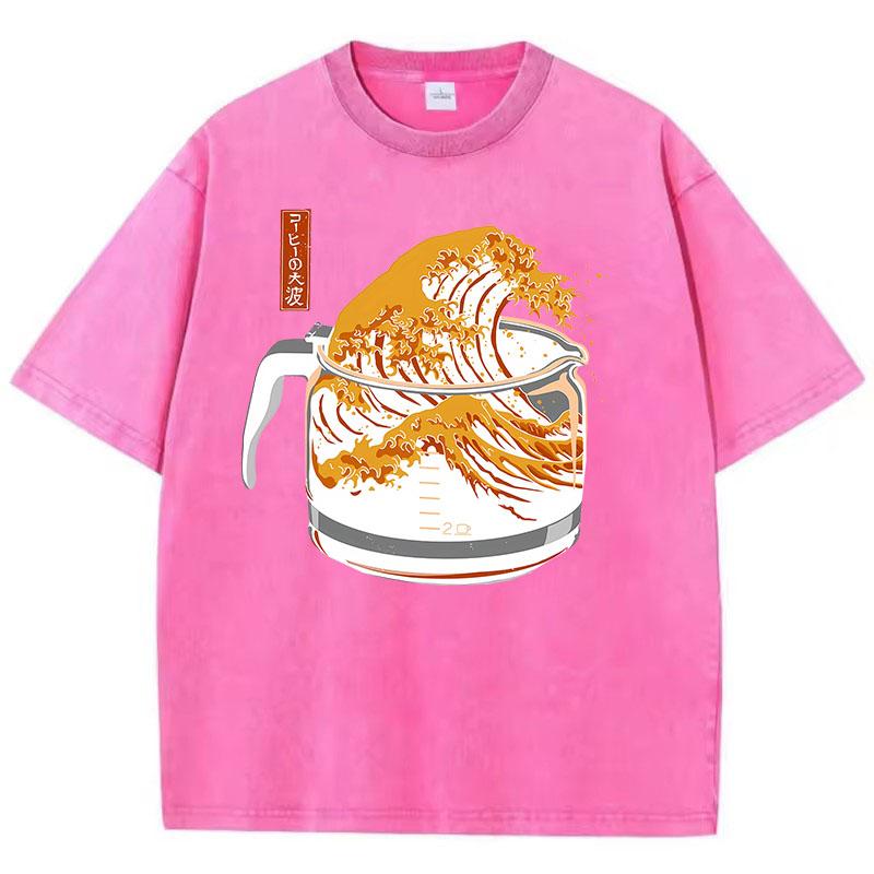 Retro T Shirt Vintage Washed Cotton T-Shirt Japanese Style Wave  Graphic Tee Casual Streetwear Spring Summer