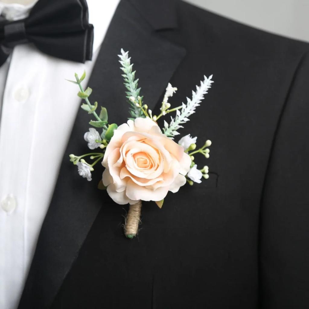 6pcs Rustic Artificial Rose Boutonniere Corsage Set Dusty Rose White Wristband Prom Suit Flowers for Wedding Ceremony