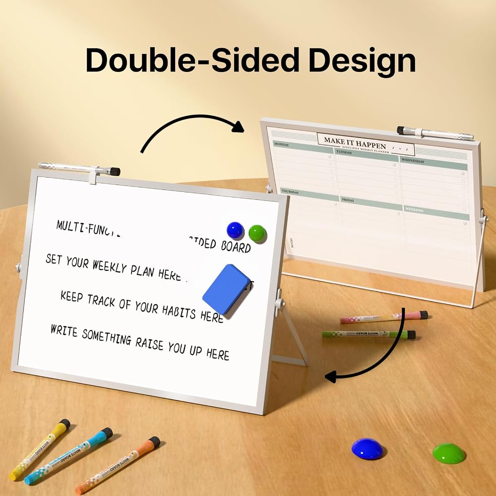 Marsrock Whiteboard, Plain Weekly Planner, Double-Sided, Freestanding, A3 Size, Desktop, Magnetic