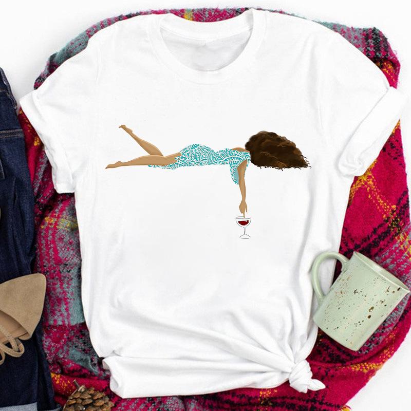 Red Lips Drinking Red Wine Women Printed Short Sleeve Casual Cartoon Fashion Clothes Print Tee Top Tshirt Female Graphic T-Shirt