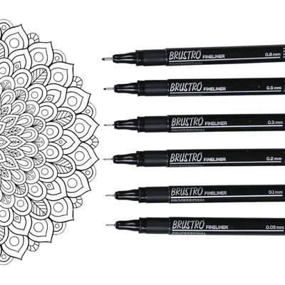 BRUSTRO Professional Pigment Based Fineliner Pen | Black | Set of 6 - Tip Sizes - 0.05mm, 0.1mm, 0.2mm, 0.3mm, 0.5mm, 0.