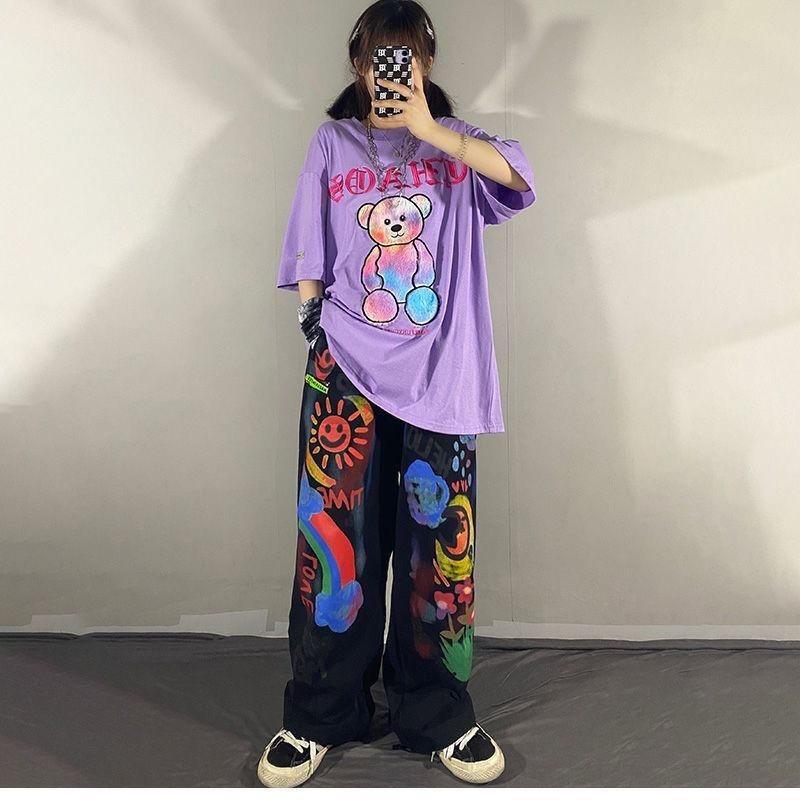 Pantalones Rectos Hip Hop de Dibujos Animados con Graffiti Y2k para Mujer Streetwear Moda Primavera Otoño Nuevos de Letras Holgados Casual Pierna Ancha