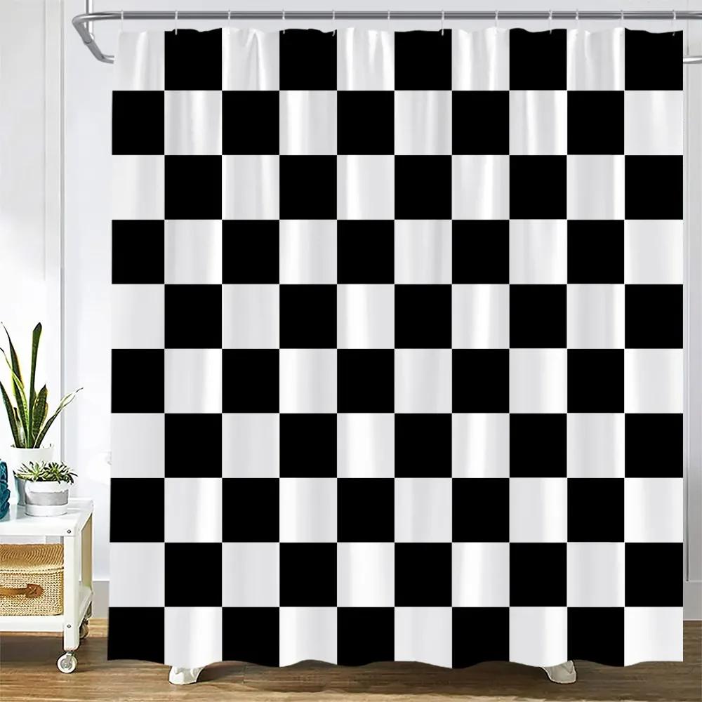Abstract Marble Shower Curtains Retro Stone Wall Creative Black and White Plaid Geometric Bath Curtain Fabric Bathroom Decor Set