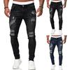 Men Jeans Ripped Holes Slim Fit Soft Breathable Button Zipper Closure Mid Waist Color Matching Hip Hop Streetwear Men Long Pants