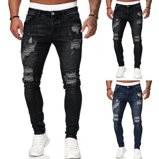 Men Jeans Ripped Holes Slim Fit Soft Breathable Button Zipper Closure Mid Waist Color Matching Hip Hop Streetwear Men Long Pants