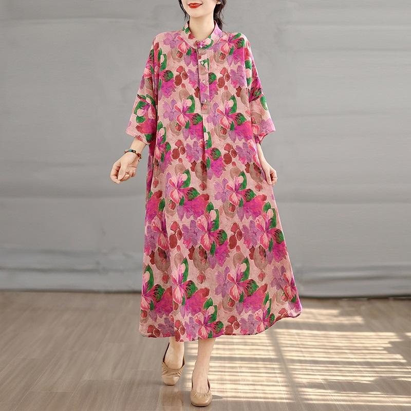 Kurzarm Plus Size Baumwolle Vintage Blumenmuster Neu in Kleidern für Damen lässig locker langes Sommerkleid