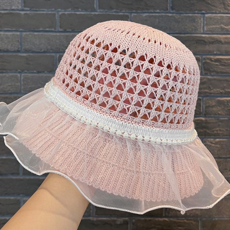 Women's Summer Large Brim Sun Hat Elegant Beads Lace Ruffle Trim Beach Sunshade Caps Hollow Out Breathable UV Protection Hats