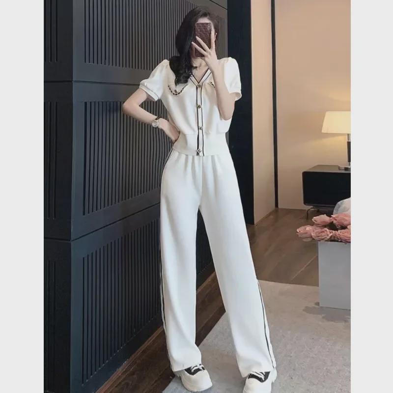 Goddess-Style V-Neck Casual Two-Piece Suit with Slim Wide-Leg Pants, 2025