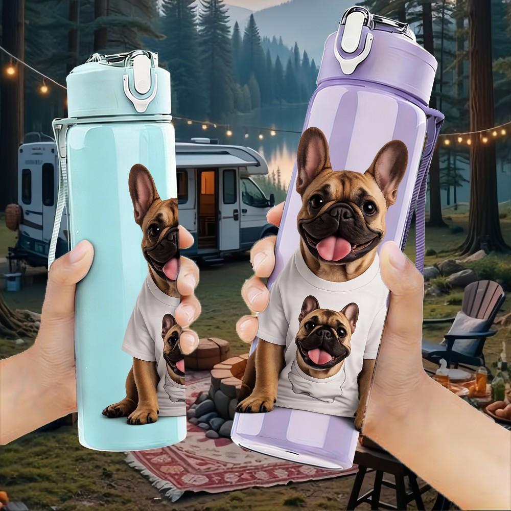 1PC French Bulldog Colorful Print 750ml Color Plastic Sports Water Bottle Leakproof Flip Straw Lid Suitable for Sports Office Home Use