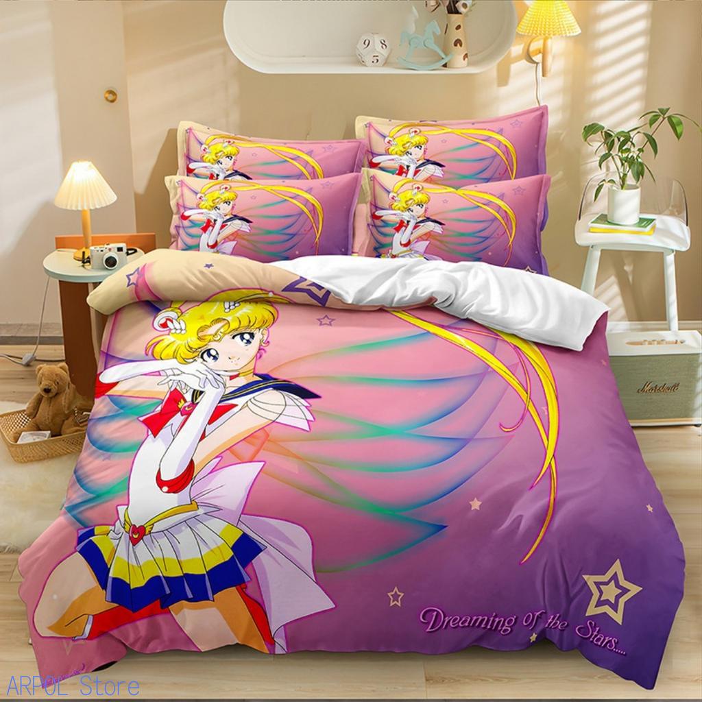 Kawaii Sailor Moons Bedding Set For Girls 3D Pattern Pretty Girl Duvet Cover Pink Comforter Twin Duvet Cover Set With Pillowcase