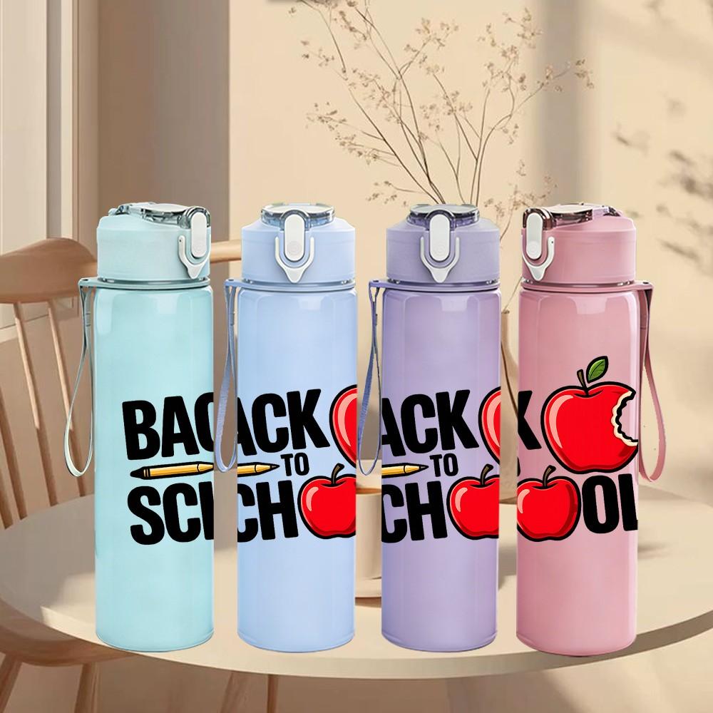 1PC Back To School Apple Book Theme 750ml Color Plastic Sports Water Bottle Leakproof Flip Straw Lid Suitable for Sports Office Home Use