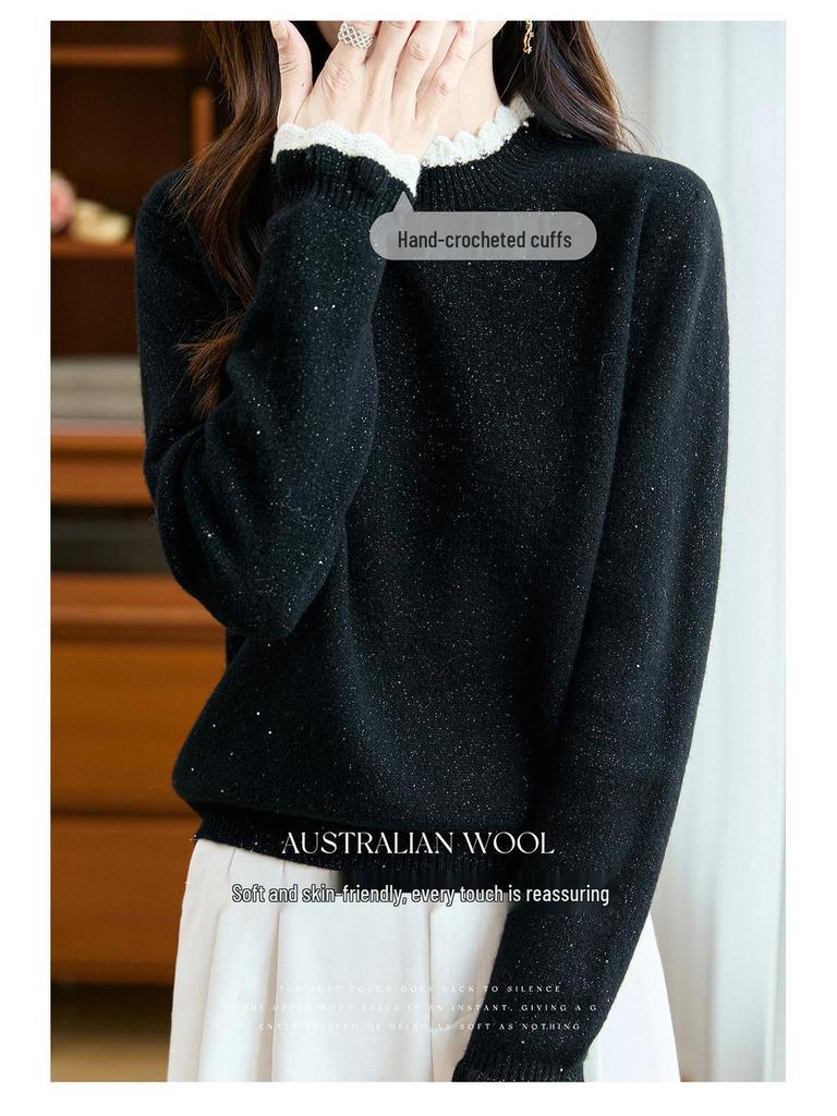 Women's Versatile Crochet Wool Sweater with Half-High Collar - Slimming and Stylish Base Layer Top