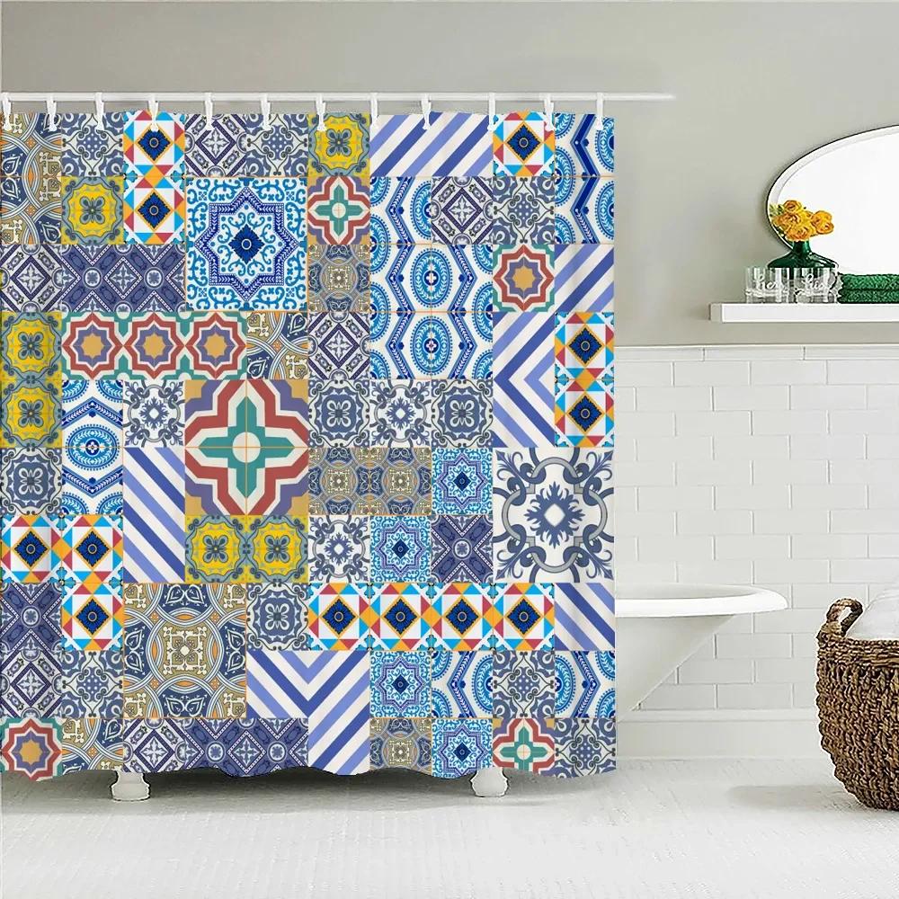 Bohemian 3D Shower Curtain, Indian Mandala Flower Green Blue Chic Color Modern Pattern Bathroom Fabric Home Decor Shower Curtain