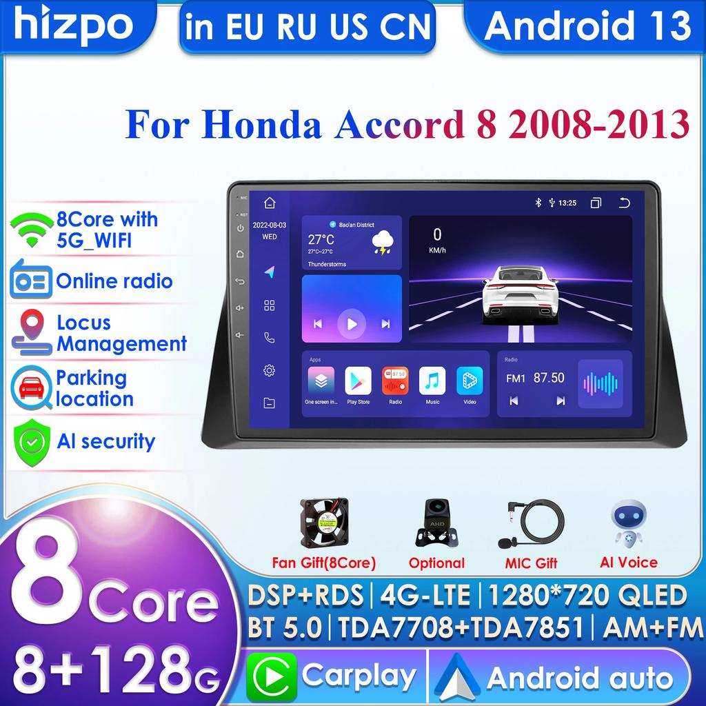 Hizpo2 Din 4G LTE Android 14 10.1" Car Multimedia Player GPS Navigation Support DSP Intelligent Carplay Android Auto for Honda Accord 8 2008-2013 FM