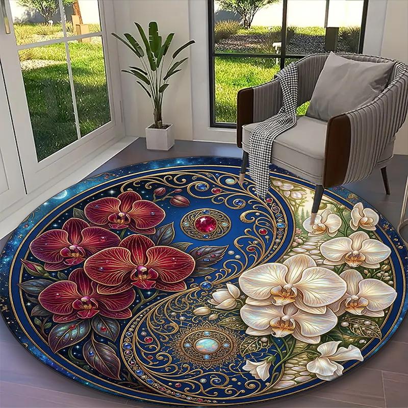 1pc Lotus Blossom Yin Yang Printed Chair Rug for Home Office Use, Living Room Kitchen Game Room Round Carpet