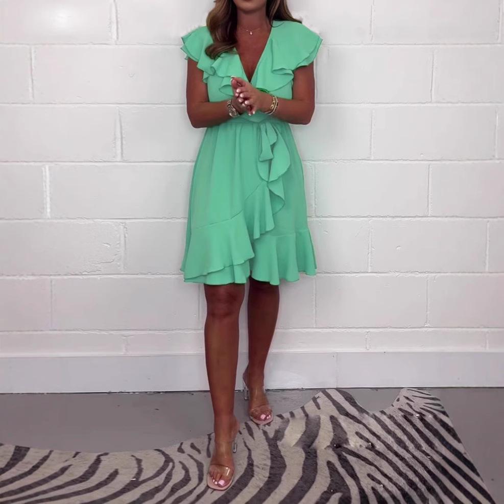 2025 Women's Summer V-Neck Waist-Cinching Ruffle Dress - Solid Color
