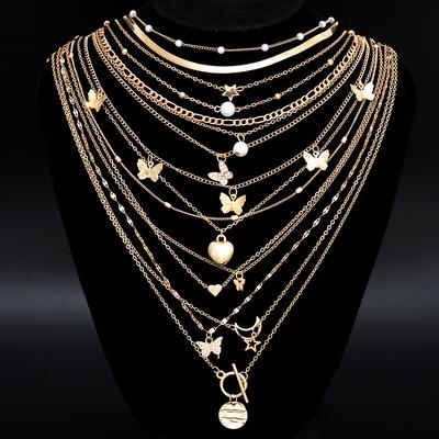 Conjunto de collares apilables sencillos para mujer, collares con colgante de mariposa, corazón, estrella, perla y luna, joyería bohemia, regalos