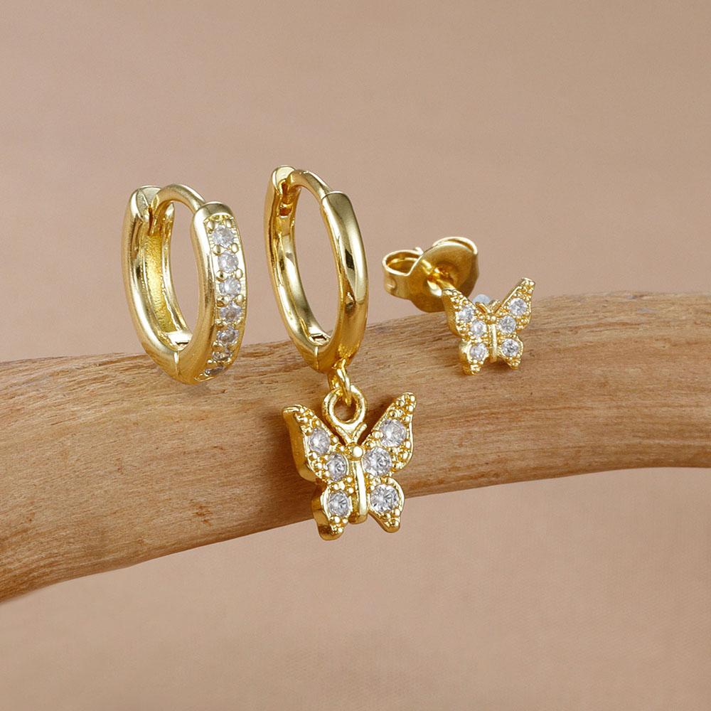 3PCS Elegant Butterfly CZ Charms Dangle Earrings Set for Women Stainless Steel Cubic Zirconia Huggie Cartilage Piercing Jewelry