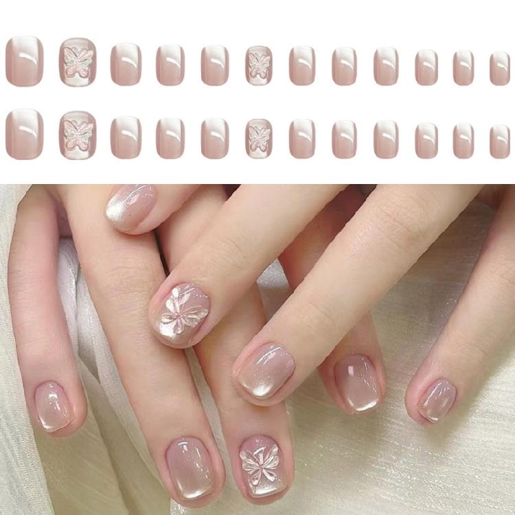 24x Glossy Full Cover False Nail 3D Butterfly Press On Nail Cats Eye Stick on Nail Elegant Acrylic Nail