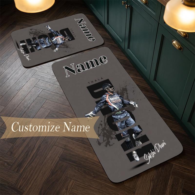 MS Dhoni (1) Customize Name Flannel Kitchen Mat Soft Non-Slip Kitchen Floor Runner Rug for Home Kitchen Decor