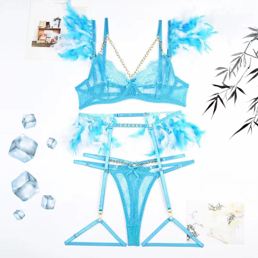 Sexy Metal Chain Lace Feather Lingerie Sets designed for Women Ultrathin Transparent Erotic Underwear 3 Piece Bra G-String Garter Sets