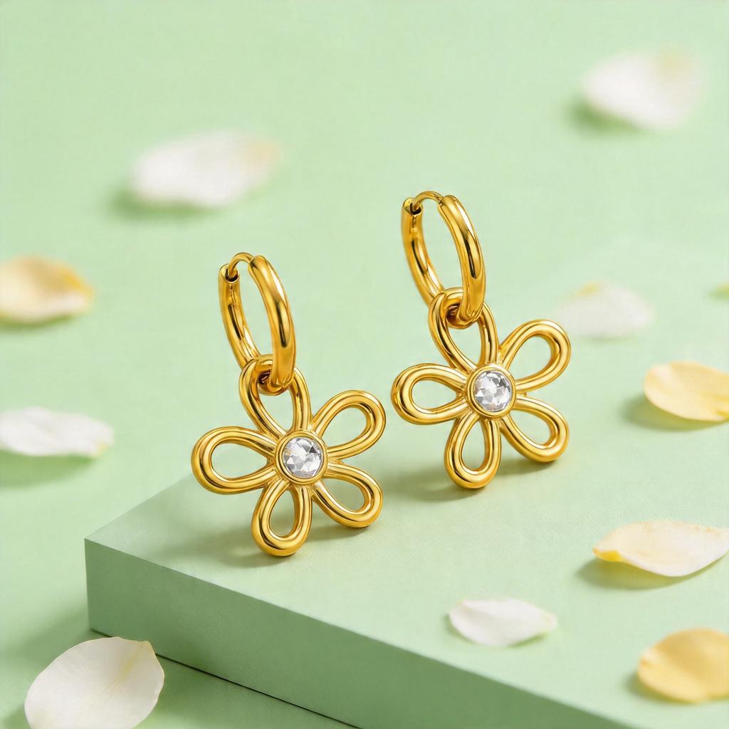Chic Zircon Flower Hoop Earrings for Women,Gold Plated Stainless Steel Flower Dangle Earrings,Fashion Daily Jewelry Gift