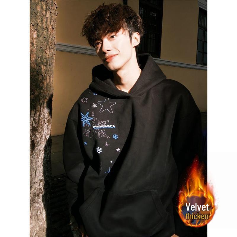 Unisex Retro Snowflake Embroidered Hooded Sweatshirt - Casual Loose Fit for Autumn/Winter