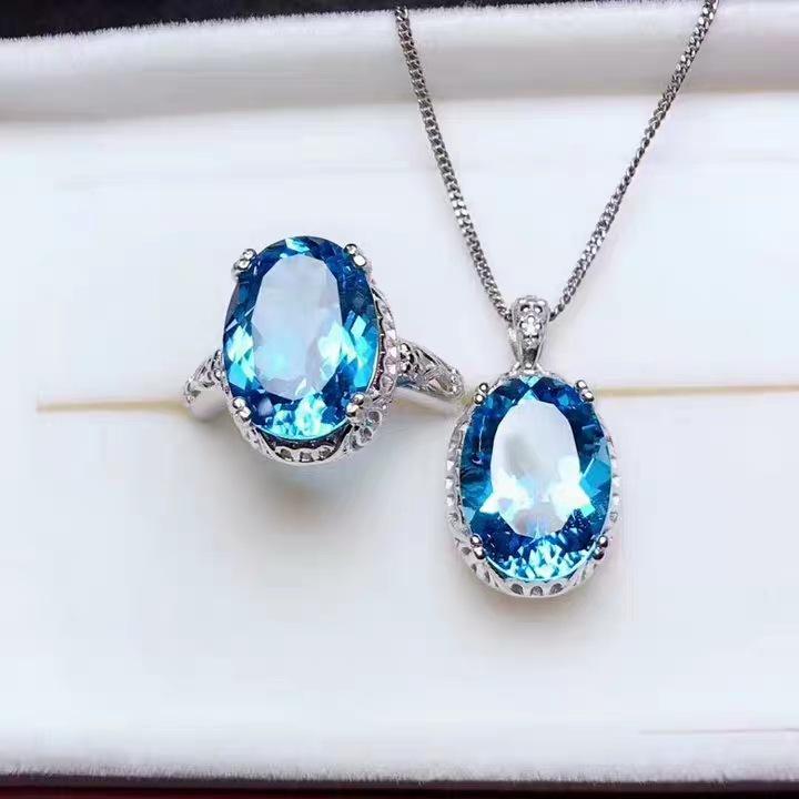 Celebrity Style Simulated Blue Topaz Ring & Diamond Pendant Necklace