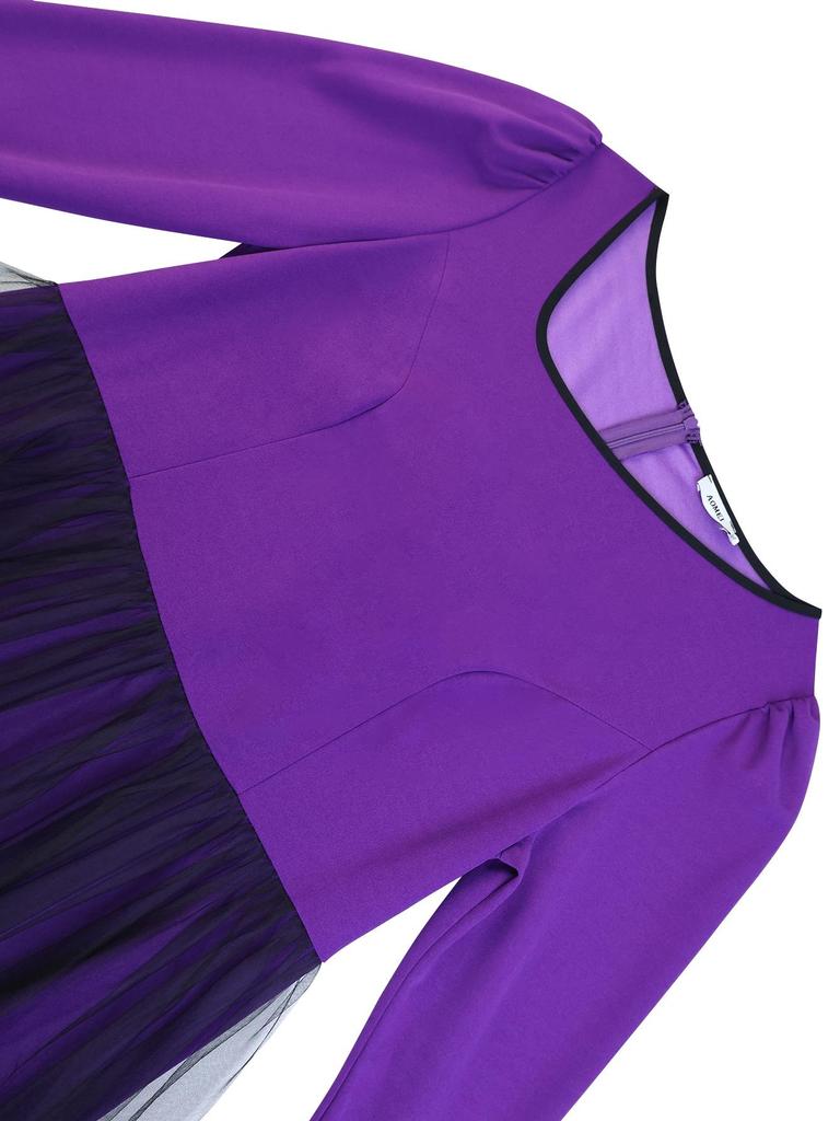 Elegant Asymmetrical Neck Patchwork Mesh Dress Long Flare Sleeve A Line Midi Dress Women Fashion Autumn Winter Casual Outfits